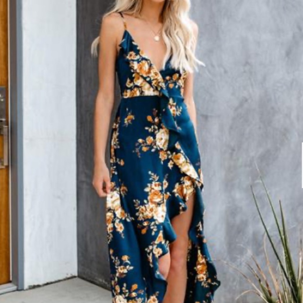 Capriccio Satin Floral Ruffle Maxi Dress